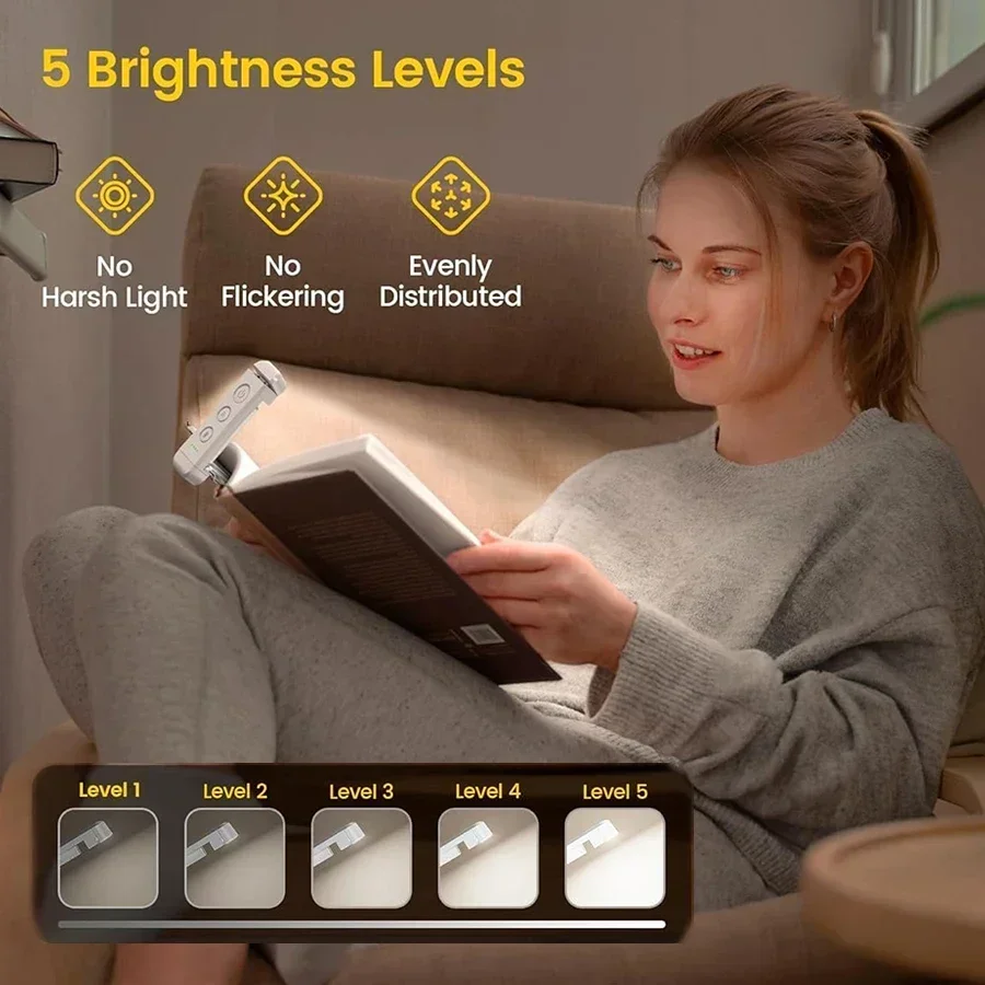 Lampu Buku LED Klip Portabel USB Isi Ulang 3 Warna 5 Tingkat Kecerahan Pelindung Mata Lampu Baca Lampu Buku Pembatas Waktu