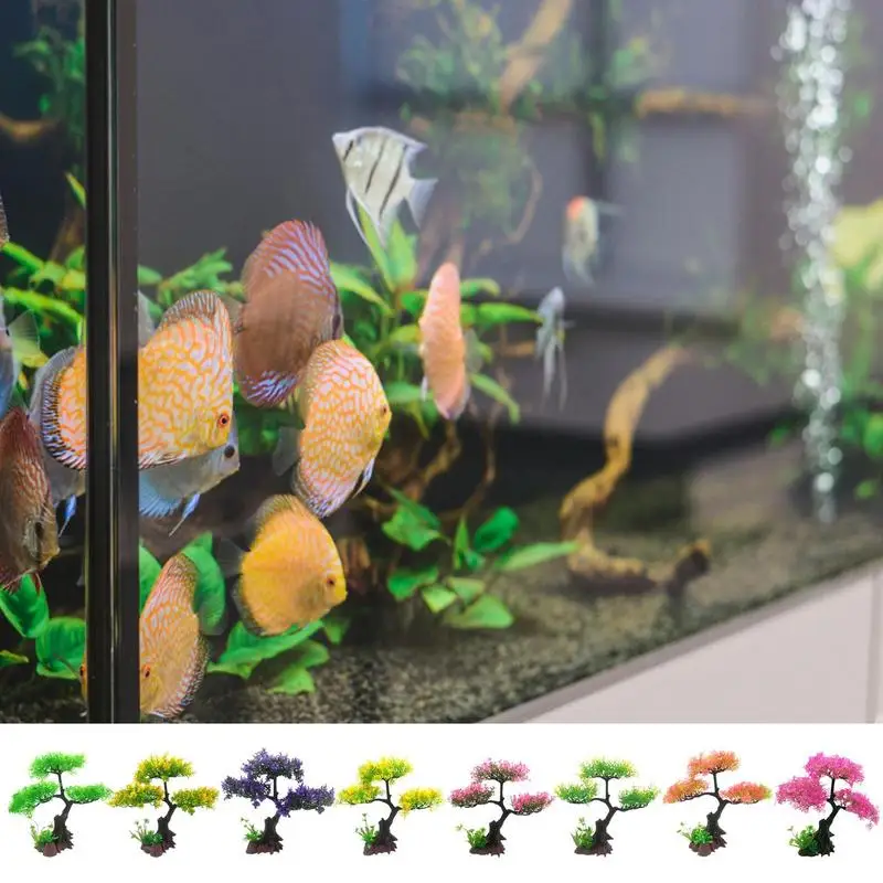 Fish Tank Decoration Aquarium Artificial Plastic Plants Decoration, Pink Cherry Blossom Tree & Grass Aquarium Decor