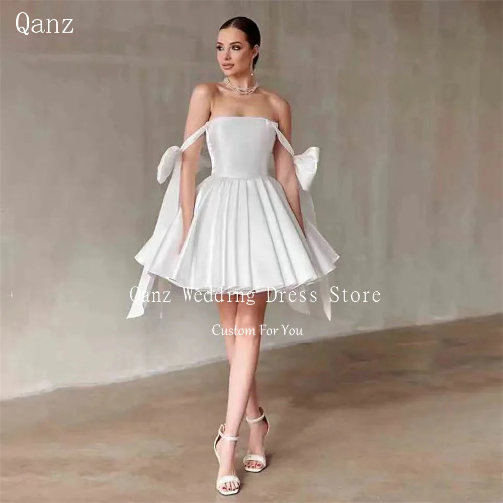 

Qanz Short Satin Wedding Dress Bow Straps Vintage Satin Short A Line Party Gown For Women Plus Size Robe De Mariée Orginale