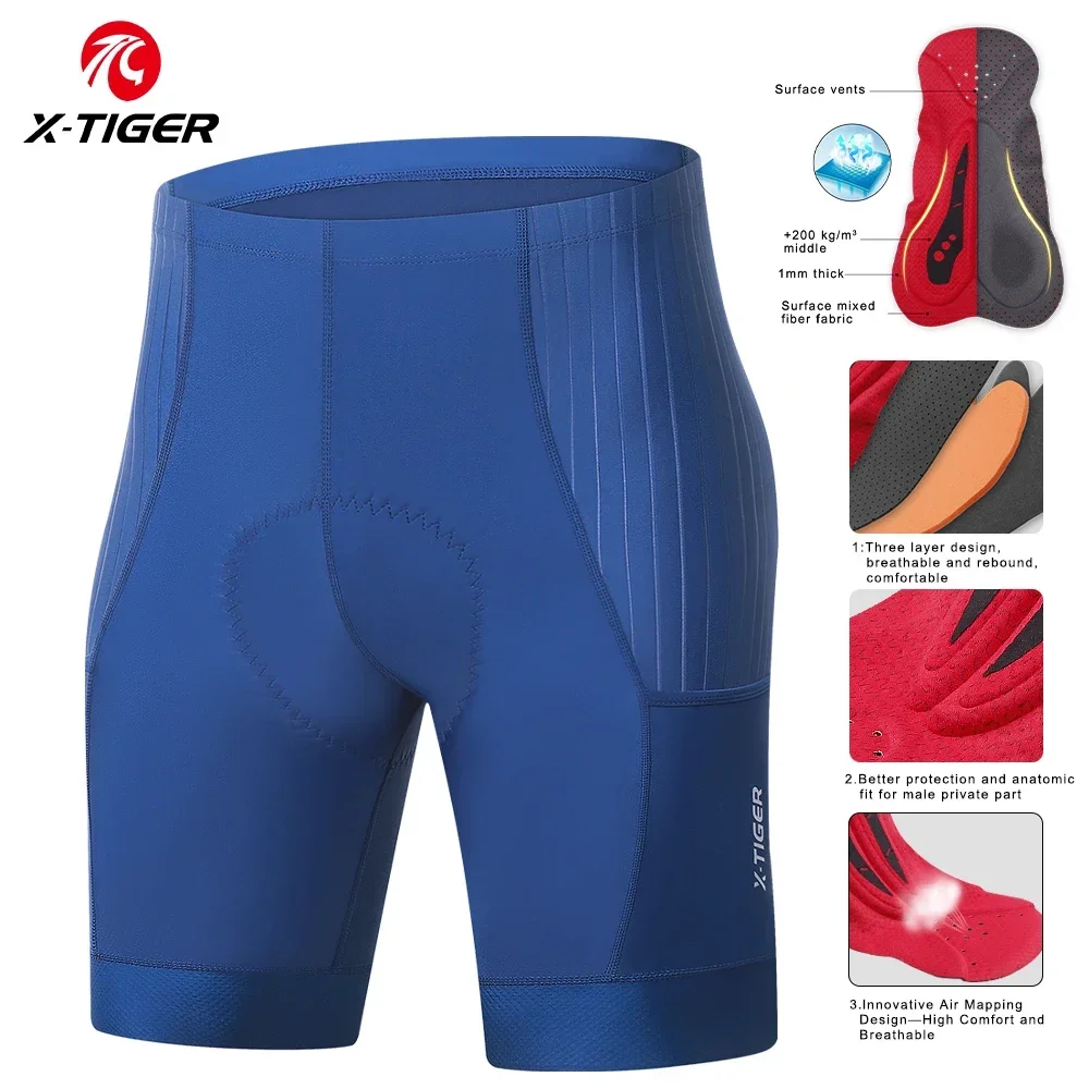 

X-TIGER Cycling Shorts with 2 Pockets Blast Padded Men's Bike Shorts Reflective Non-Slip Leg Covers Bicycle Shorts