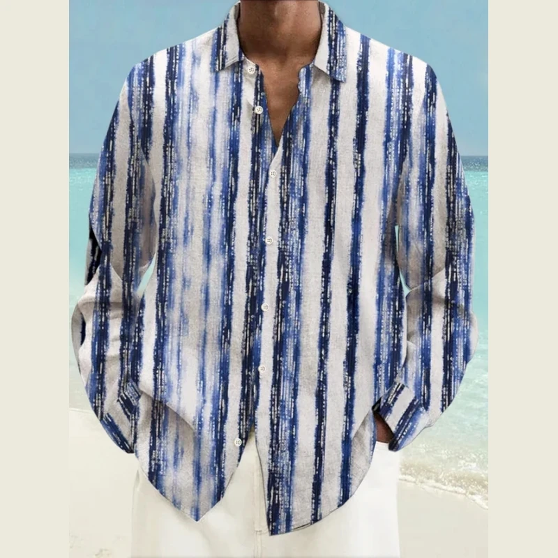 Curved Striped Shirts For Men Floral Printed Clothing Beach Party Sweatshirt Loose Oversized Tops Tees Daily Casual Long Sleeves