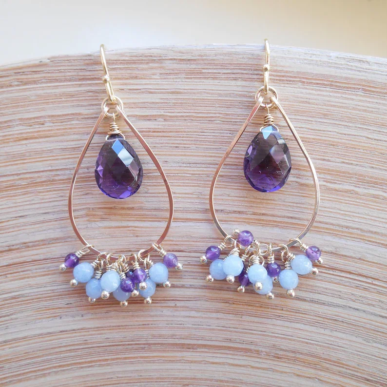 gemstone cluster beaded hoop earrings purple light baby blue dangle drop wire wrap amethyst jade gold fill February