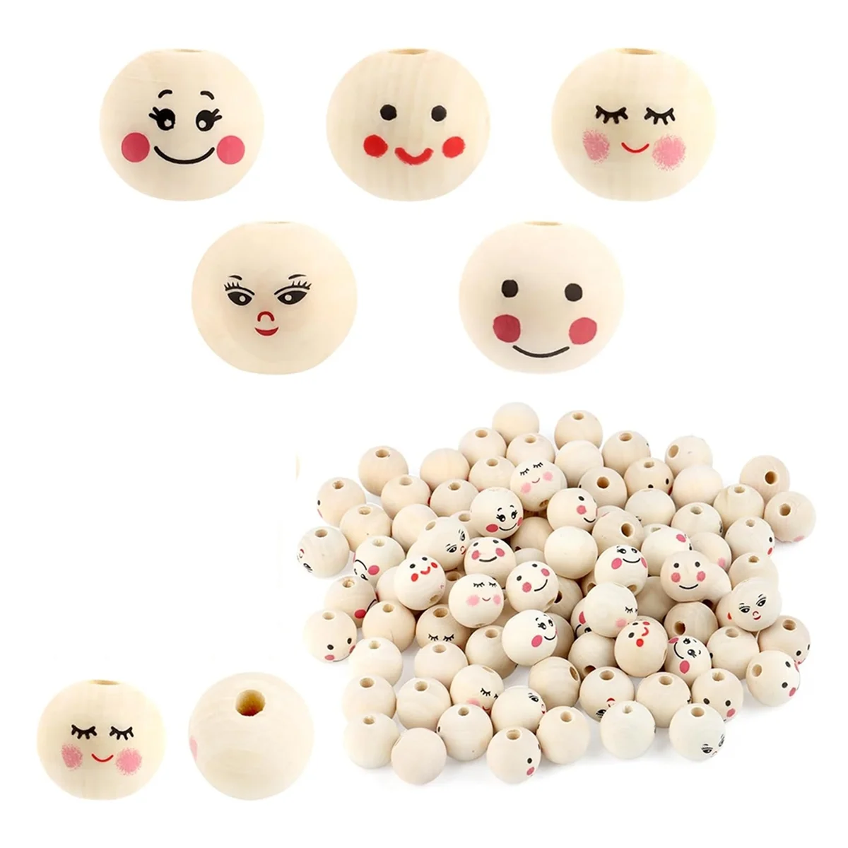 Pack of 100 Wooden Beads with Face, 20 mm Wooden Balls with Hole for Threading, Wooden Heads for Worry, Wooden Beads