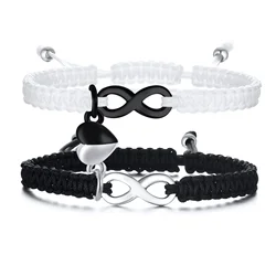 Attractive Heart Charm Couple Bracelets for Women Men, White Black Braided Rope Chain with Infinity Charm BFF Sisters Bracelet