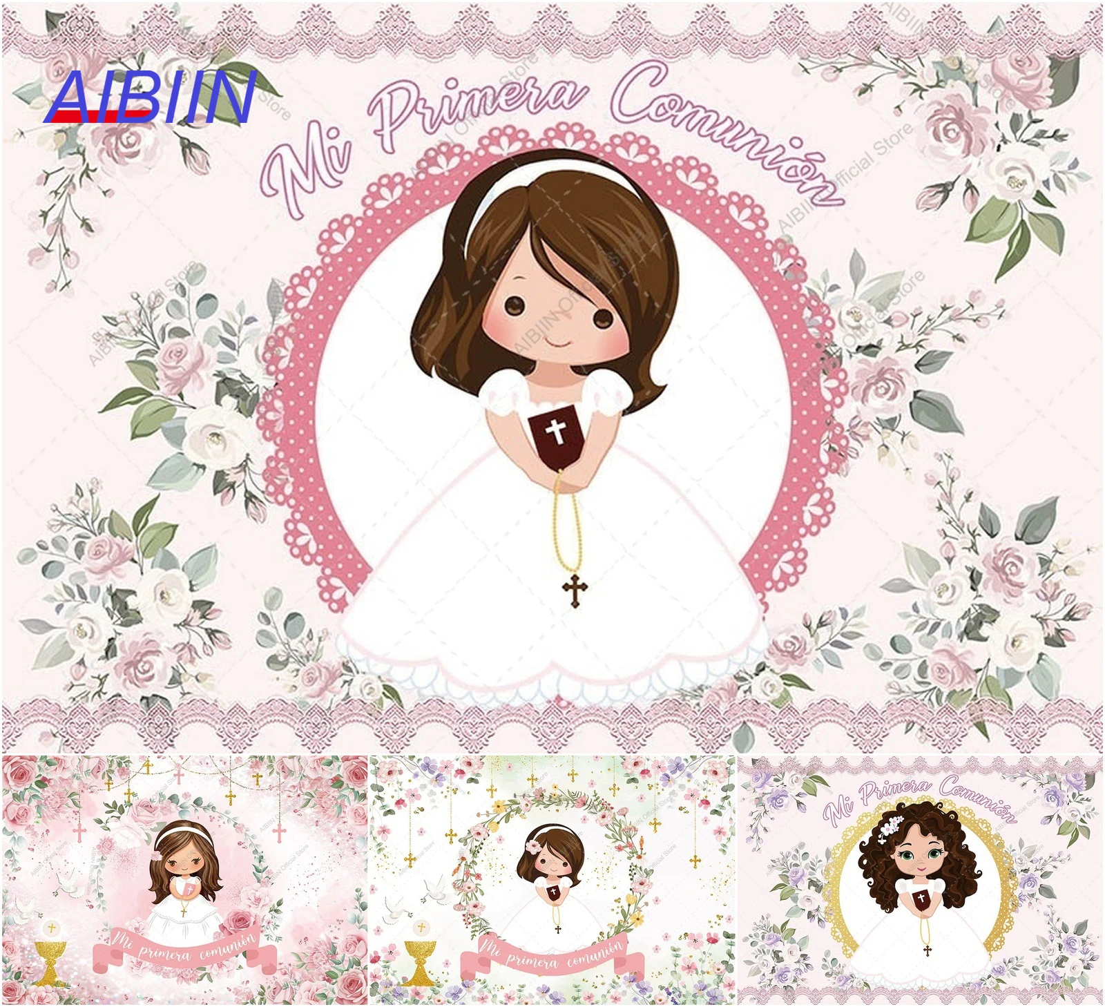 Fondo para Primera Comunión, Bautizo de Niña, Cruz Floral, Biblia, Flores Silvestres, Dios Bendiga, Decoración de Fiesta, Retrato, Photozone
