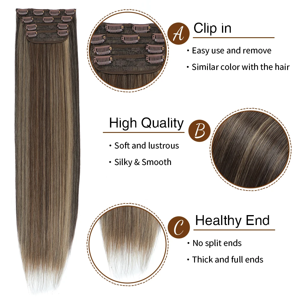22Inch Synthetic 4Pcs Clips in Hair Extensions Long Straight Blonde Hairpieces Heat Resistant False For Women Daily Use