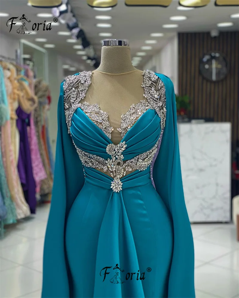 Muslim Woman Peacock Blue Mermaid Formal Dress with Long Shawl Dubai Crystals Wedding Party Gown Maxi Dresses vestidos de noche