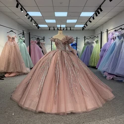 Iridescent Pink Ball Gown 3D Flower Sweet Princess Quinceanera Dress Bead Customized Vestidos De Birthday Party Graduation