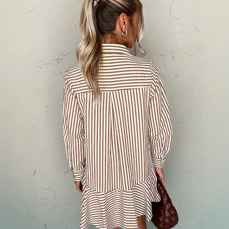 2025 Autunno Moda Stripe Casual Concise Camicia Abito da donna Colletto rovesciato Manica intera Monopetto Patchwork Abito elegante