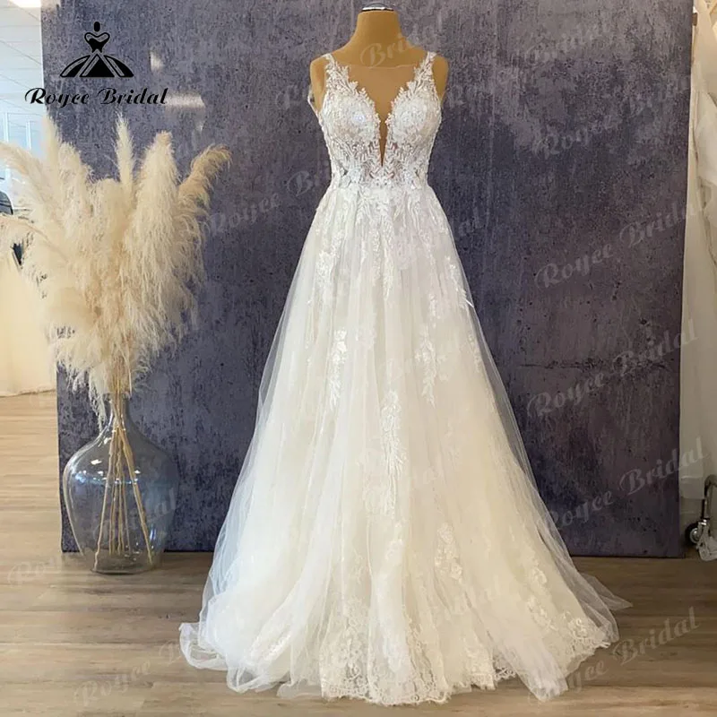 فستان زفاف من Vestido Princess A Line Boho من الدانتيل بدون أكمام 2023 مفتوح من الخلف على الشاطئ vestido para boda playa فساتين زفاف