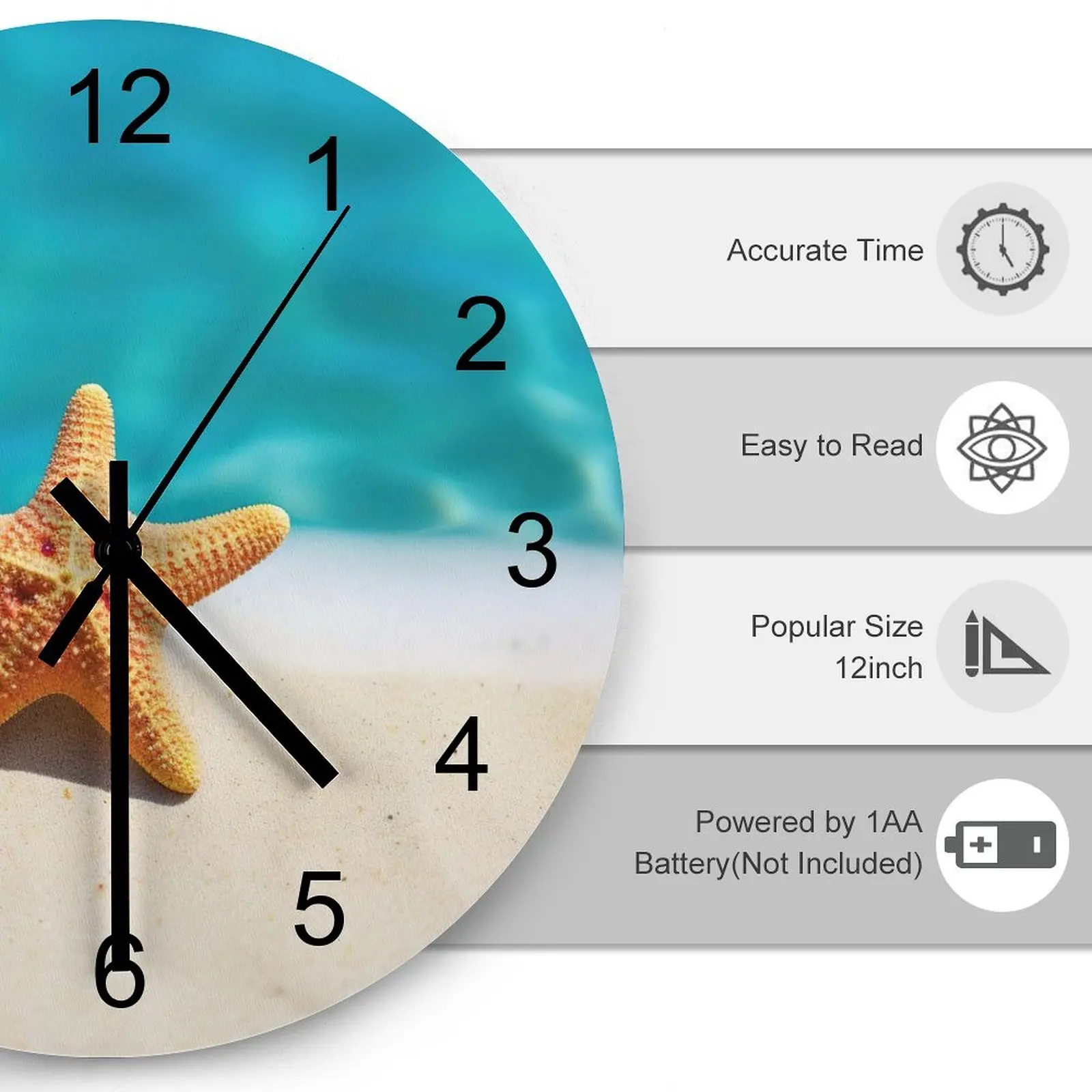 Kitchen Wall Clock Beach Starfish Sea star Clocks 12 inch Mute Wood Round Patterned Durable Geometric Home Decor