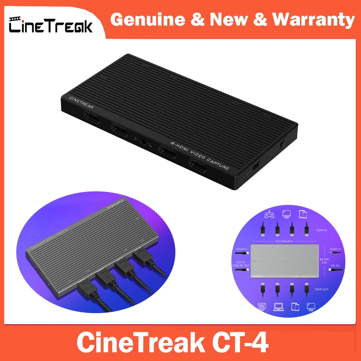 CineTreak CT-4 4K 4-Channel Video Capture Card 4 HDMI Inputs UVC Plug-and-Play 10Gbps USB 3.2 100W PD Charging for Gaming Stream