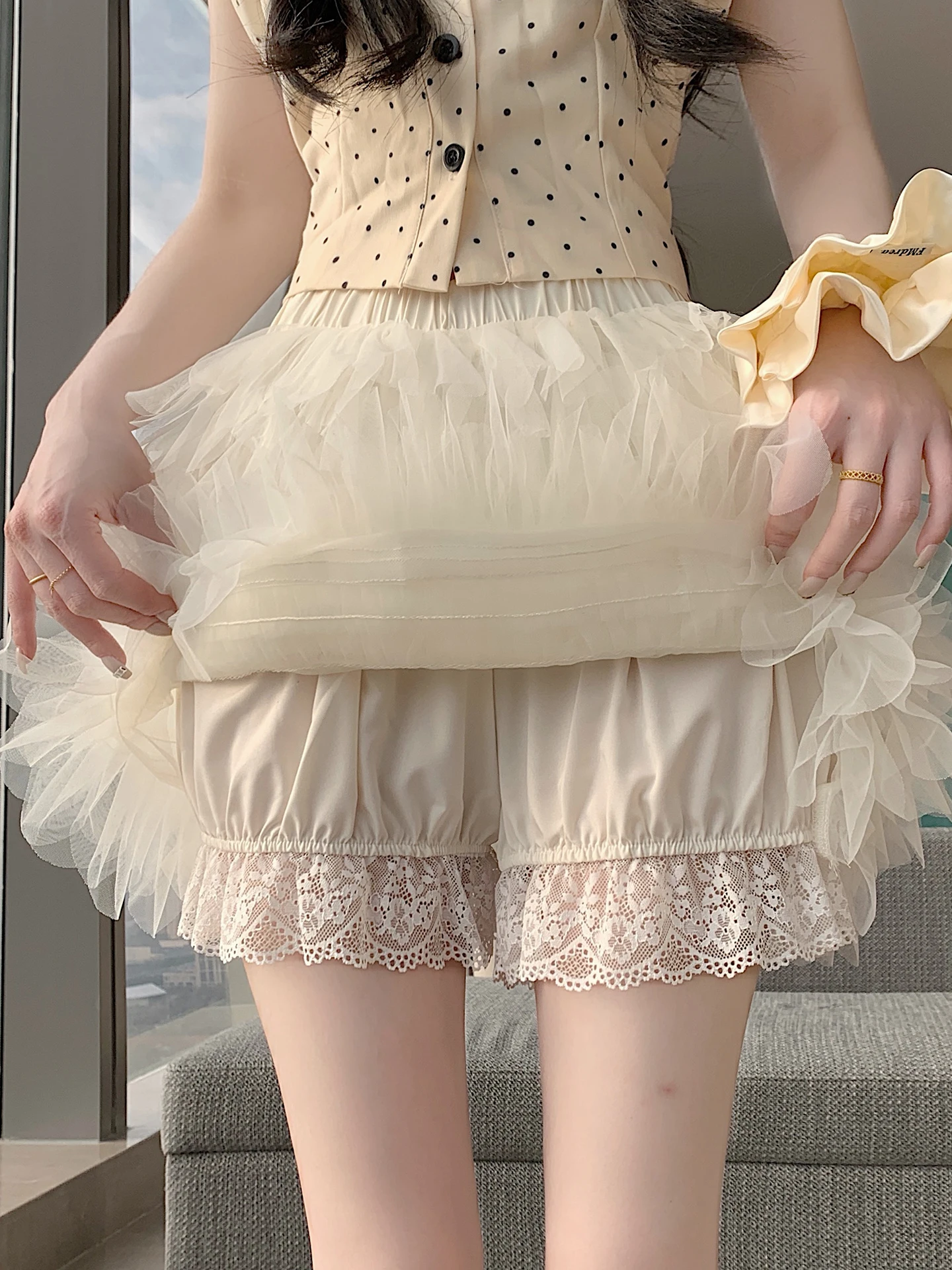 バレエスタイル-aライン-ショートスカート-レディース-春夏-ハイウエスト-着痩せ-ケーキスカート-レイヤード-ふわふわ-ハーフ丈スカート
