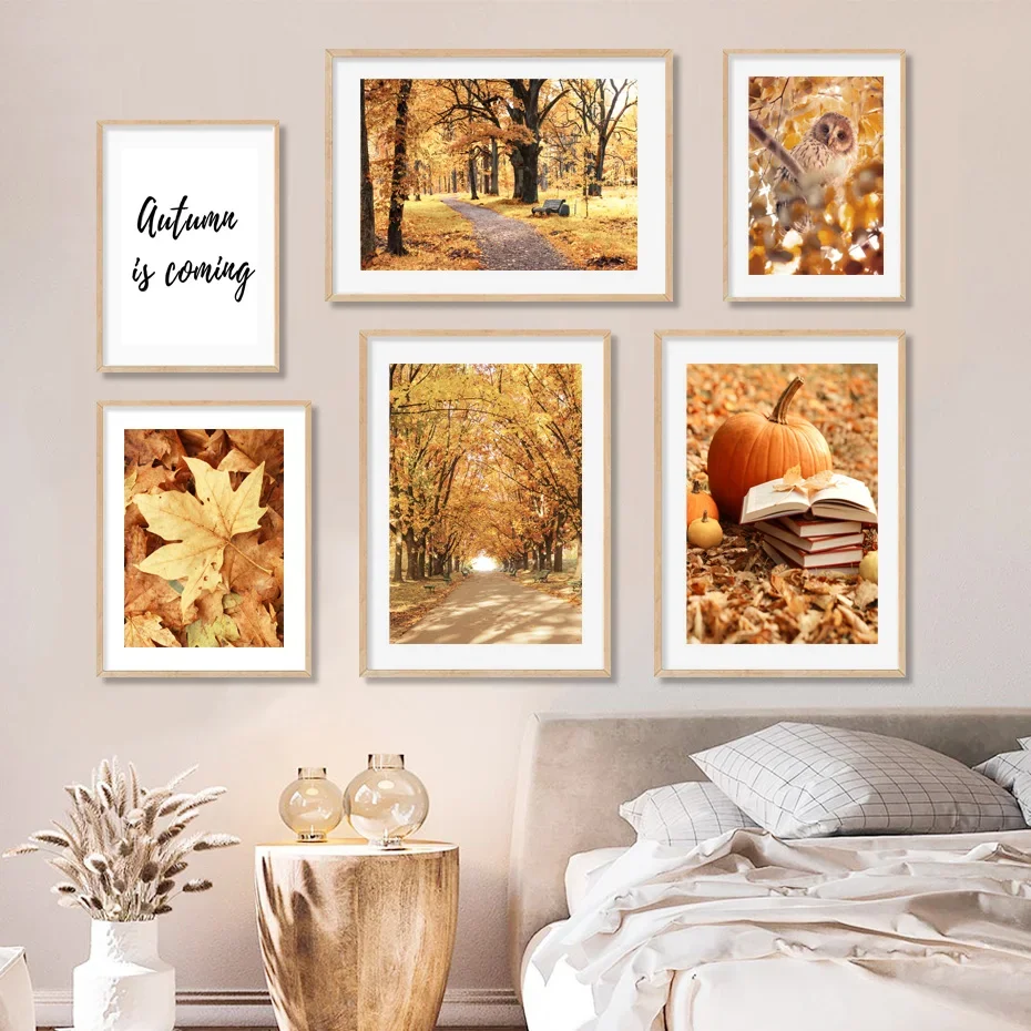 Customizable Autumn Fall Leaves Maple Leaf Pumpkin Book Minimalist Aesthetics Print Canvas Painting for Living Room Home Decor