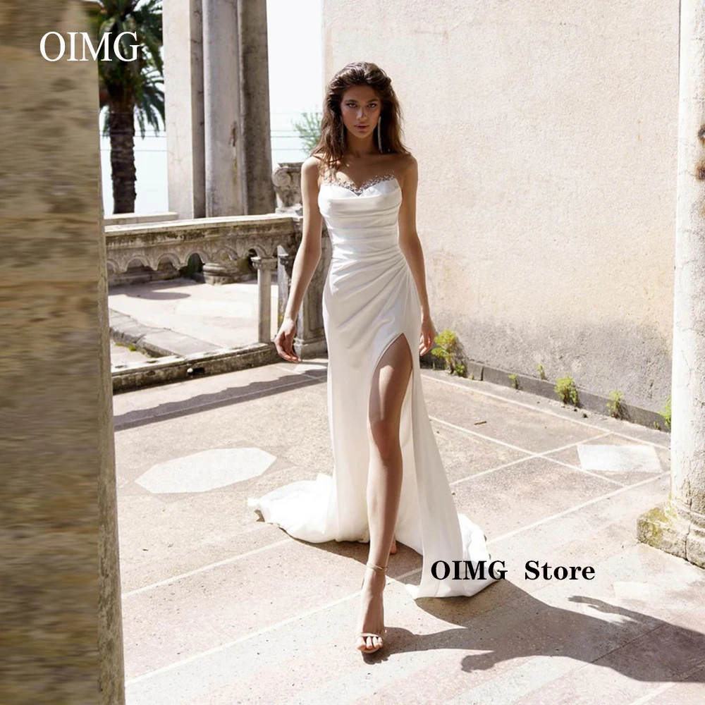 OIMG ชุดเดรสเมอร์เมดเงาคริสตัลลูกปัด Sheer คอซาตินแยก Beach ชุดเจ้าสาวความยาว Robe De Mariage