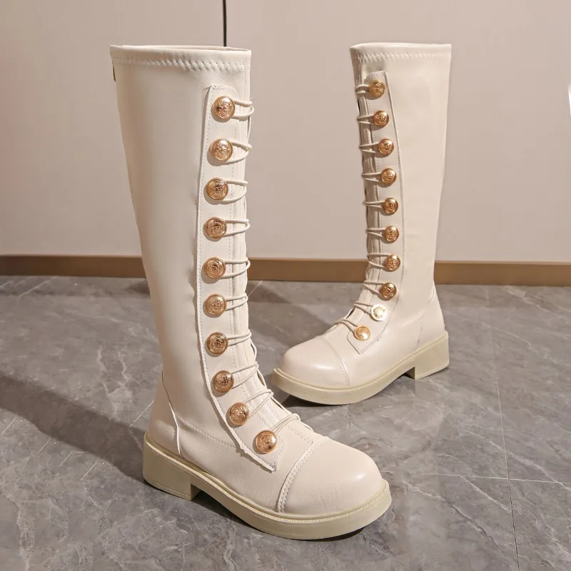 

Metal Button Block Heel High Boots Women's Winter New Round Toe Zipper Soft Slip Leather Shoes