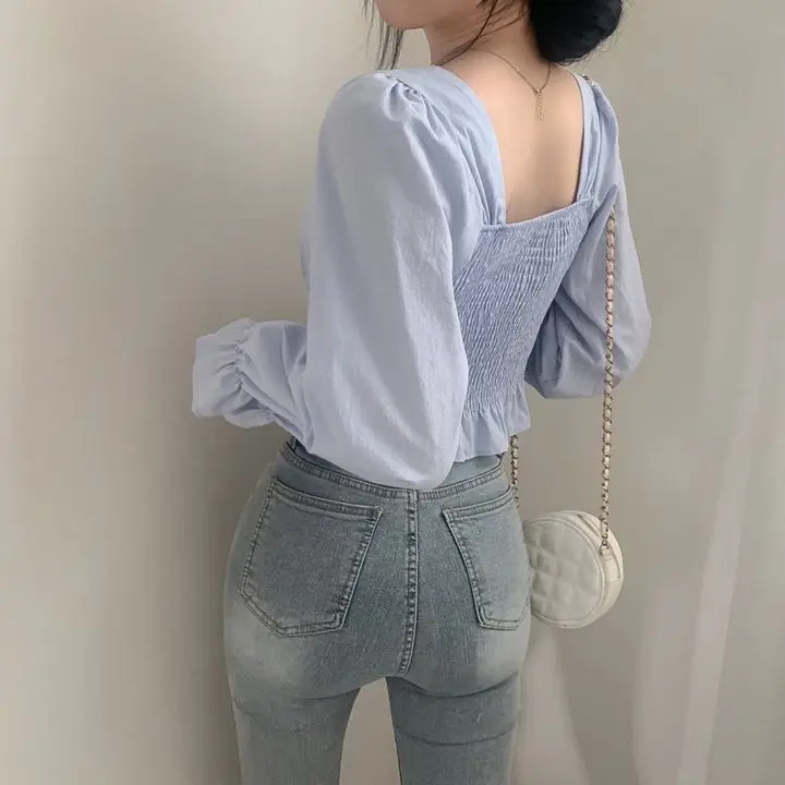 Korean Spring Autumn New Style Reduced Age Retro Unique Design Sense Simple Square Collar Waist Strap Up Small Shirt Women