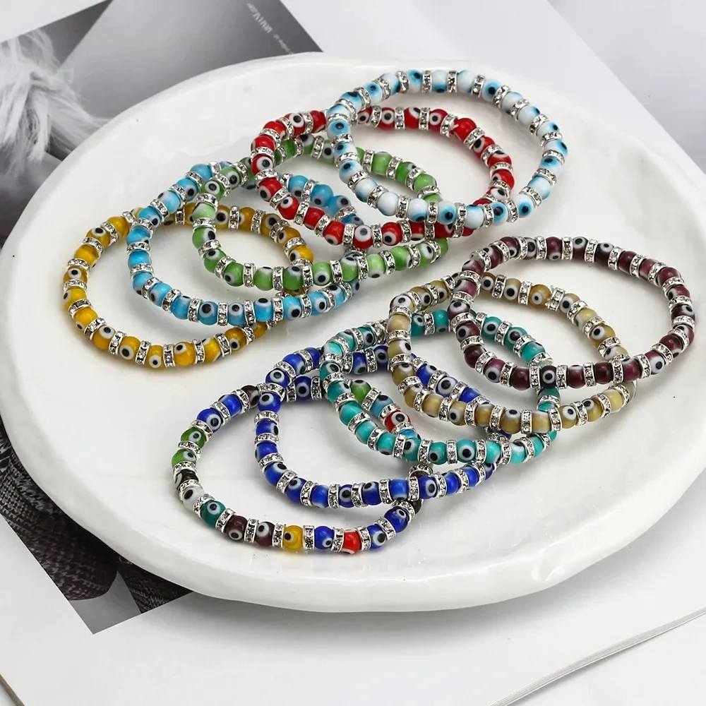 10pcs 6mm 8mm Coloured Glaze Evil Eyes White Yellow Balck Blue Eyes Elastic String Bracelet for Women Men Jewelry