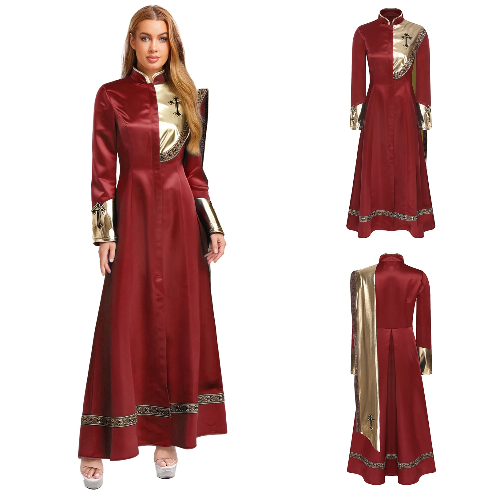 

Women Halloween Priest Preachers Cosplay Long Robe Metallic One Shoulder Drape Jackets Coats Church Clergy Cassock for Festival