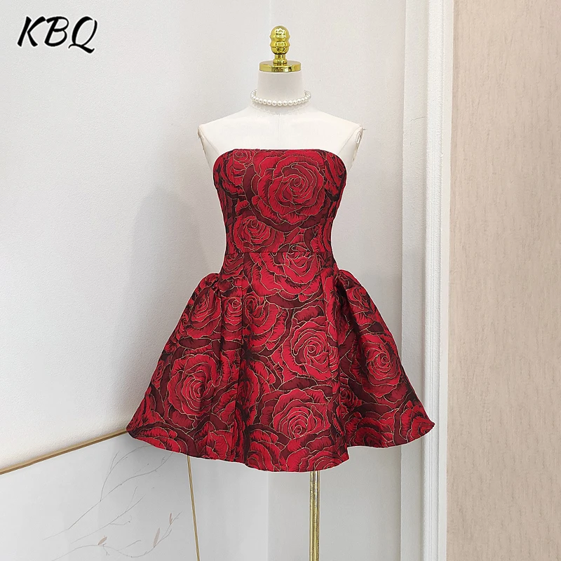 

KBQ Colorblock Printing Slimming Dresses For Women Strapless Sleeveless High Waist Temperament Mini Dress Female Fashion New