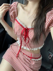 Red Sweet Plaid Two Piece Set Women Lace Vintage Elegant Party Mini Skirt Suit Korean Y2k Crop Tops + Casual Skirt Summer 2023