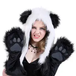 Panda, inverno novidade peles do falso capas chapéu animal cachecol luvas 3 in1 velo com capuz de pelúcia quente earmuff warcraft boné