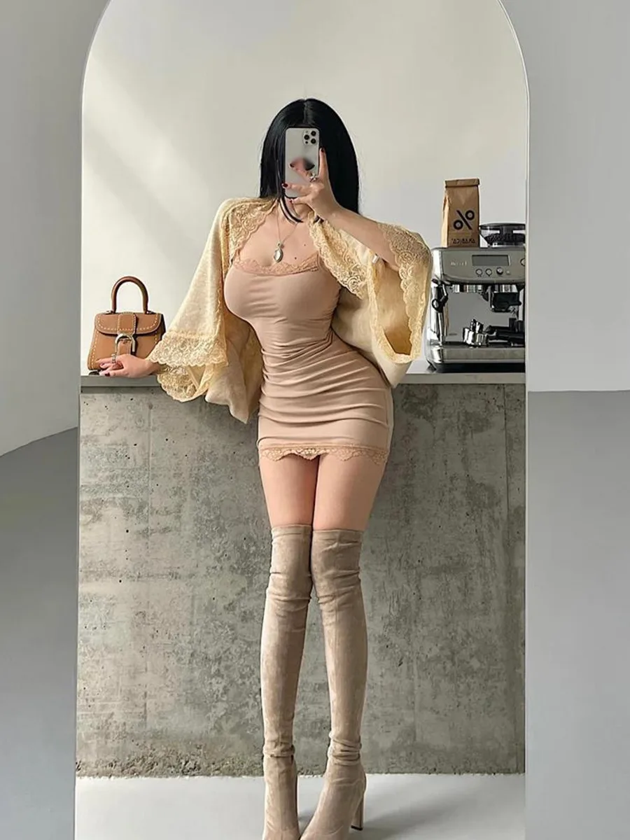 

Pure Desire Loose Long Sleeve Lace Splicing Knitted Cardigan Top, Shawl Waist For Women Coat Fashion Women 2025 New Tops PX8N