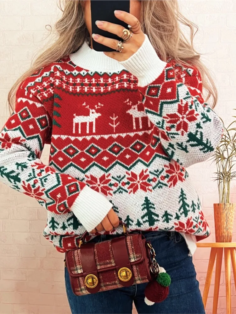 Pull de noël ample et décontracté en Jacquard contrasté pour femme, col rond, Style à la mode, à manches longues, nouvelle collection automne et hiver