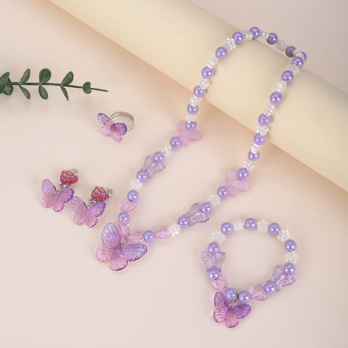 الأطفال فتاة الأميرة سوار اللؤلؤ والمجوهرات الكرتون فراشة سوار قلادة حلقة أقراط البدلة