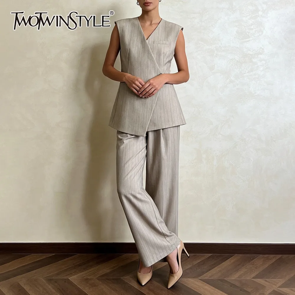 

TWOTWINSTYLE Solid Spliced Striped Two Piece Set Female V Neck Sleeveless Jacket Office Commute Women's Trousers Set Fashion New