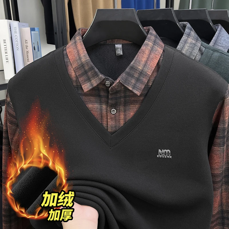 

Поддельные две трикотажные мужские весенне-осенние повседневные полосатые воротники среднего возраста, мужская футболка с длинным рукавом, топ