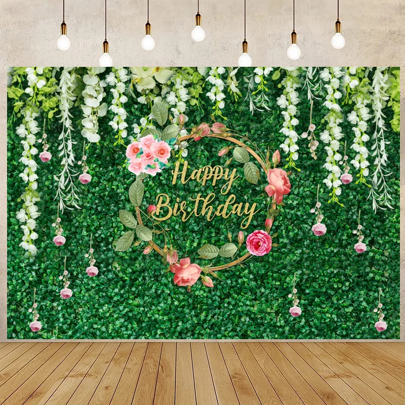 Green Grass Wall Floral Curtain Top Happy Birthday Photo Background Customize Girl Newborn Baby Shower Backdrop Photography