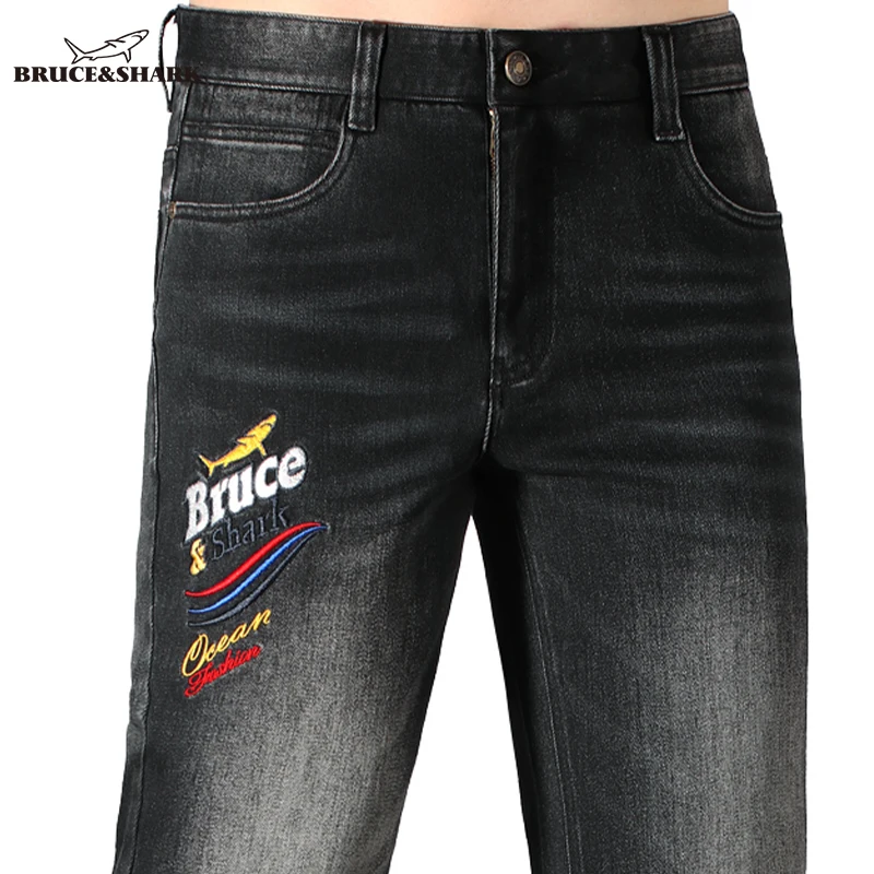 

New Mid Waist Men's Denims Jeans,Autumn Thick Stretch Cotton Trousers, Bruce&Shark Straight Leg Black Jeans For Man,Big Size 42