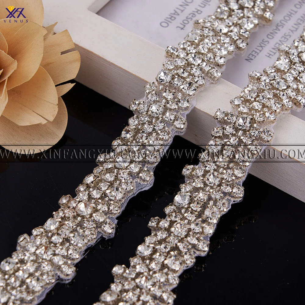 XFX VENUS 5 Yard Rhinestone Applique Handmade Crystal Wedding Bridal Belts with Ribbons for Bridal Dress Rhinestones for Crafts