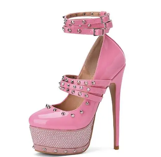 

Moraima Snc Super High Rhinestones Platform High Heel Shoes Sexy Rivets Studded Ankle Strap Pumps Women Dress Shoes