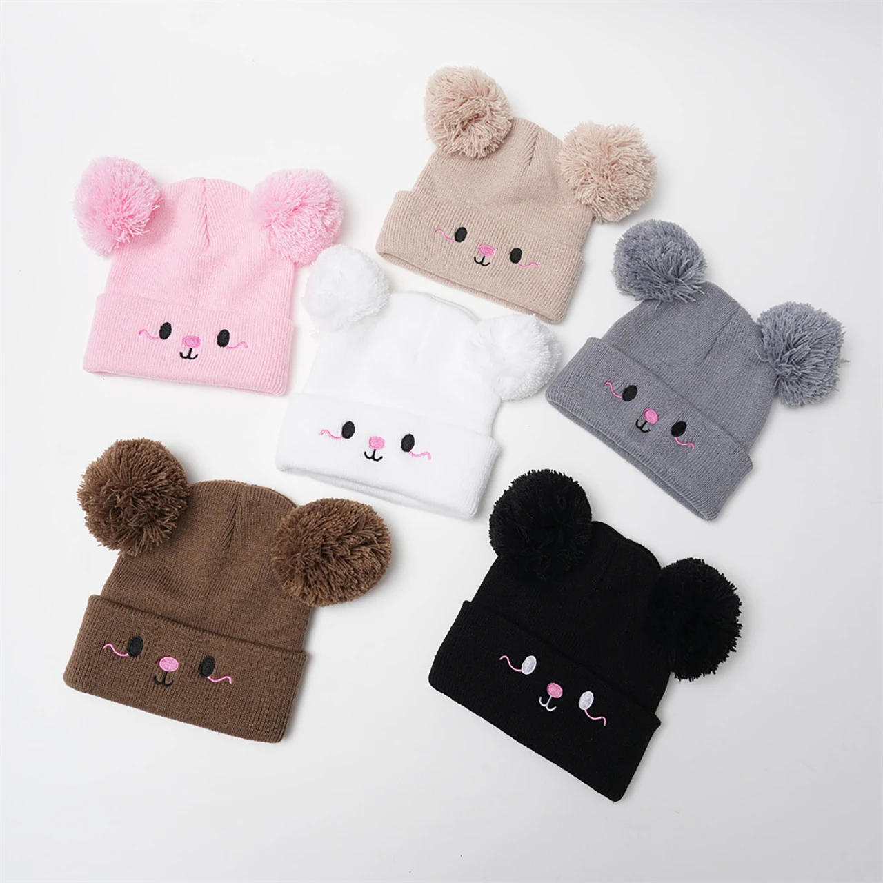 Knit Beanie Hat Warm - Children Double Pompom Beanie Winter Warm
