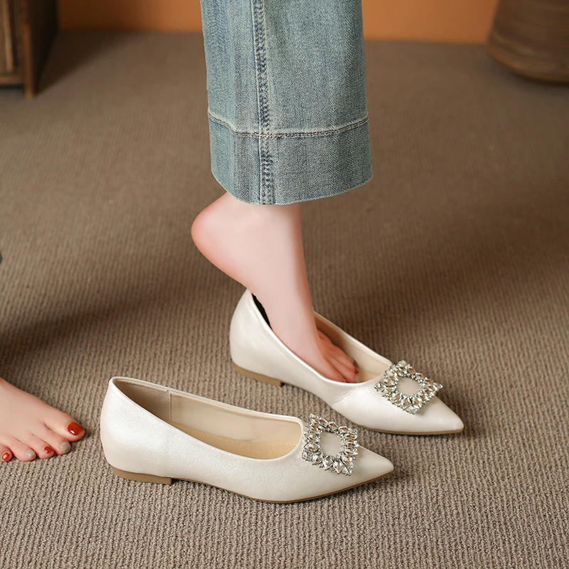 

Women's French Style Versatile Low-Cut Flats, New Arrival, Elegant Pointed Toe with Rhinestone Square Buckle, Office Dress Shoes