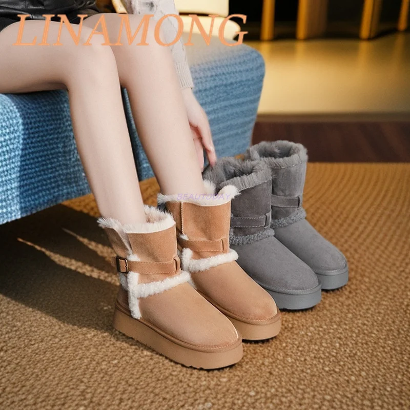 Suede Belt Buckle Snow Boots Simple Style Splicing Design Sleeve and Fleece Warm Thick Sole Height Increasing Short Boots