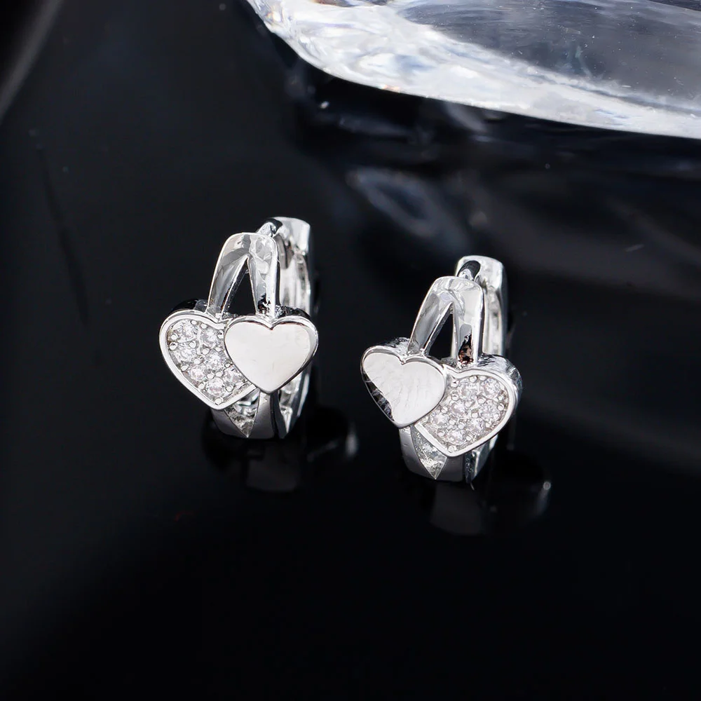 Pendientes de Aro Pequeños con Corazón de Doble Cara y Circonita Blanca, Color Oro y Plata, Hebilla para Oreja, Joyería de Boda para Mujer, Regalo para el Día de San Valentín