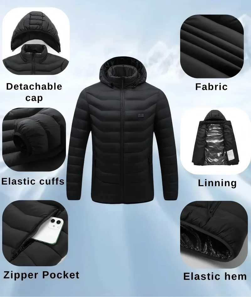 New Casual Hooded Outdoor Thick Cold Proof Intelligent Four Control 23 Zone Heating Warm Cotton Jacket (Excluding Power Bank)