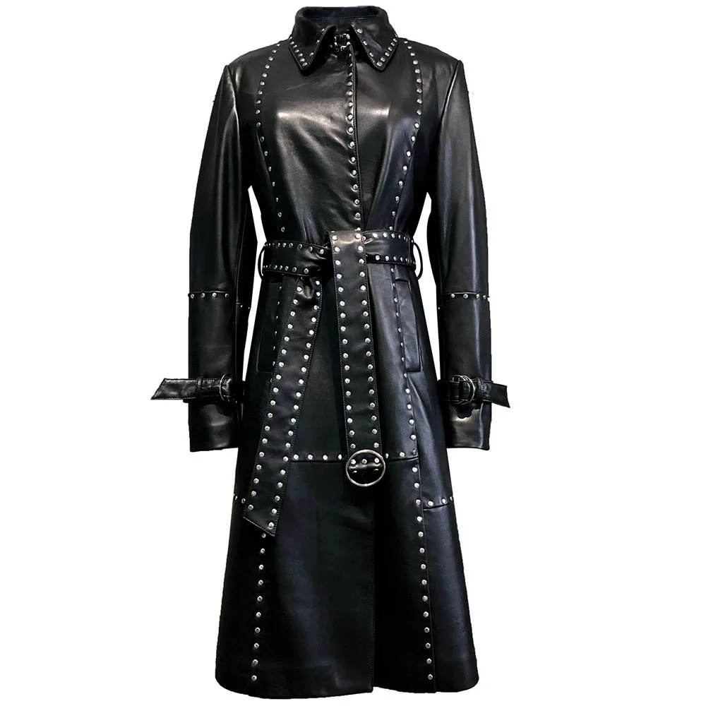 High Quality Ladies Real Leather Long Coats For Women Rivet Leather Trench Coat With Belt