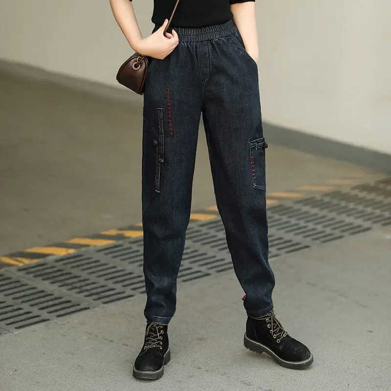 

Повседневные женские джинсы с высокой талией и вышивкой Harlan Sle, свободные прямые брюки в этническом стиле, модные длинные брюки, осень-зима, новинка...