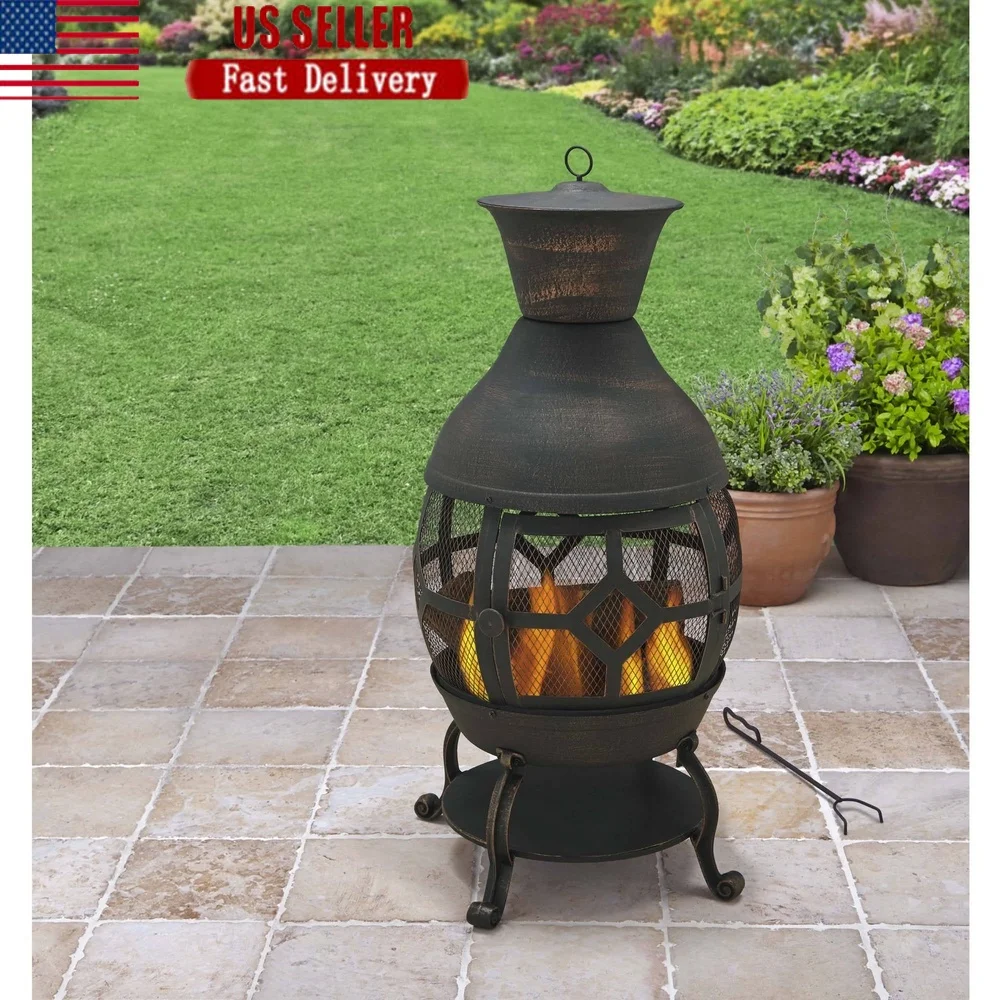 Chiminea de hierro fundido para quemar leña, chimenea para exteriores con cubierta de malla, vista de fuego de 360 grados, incluye póker y cubierta protectora