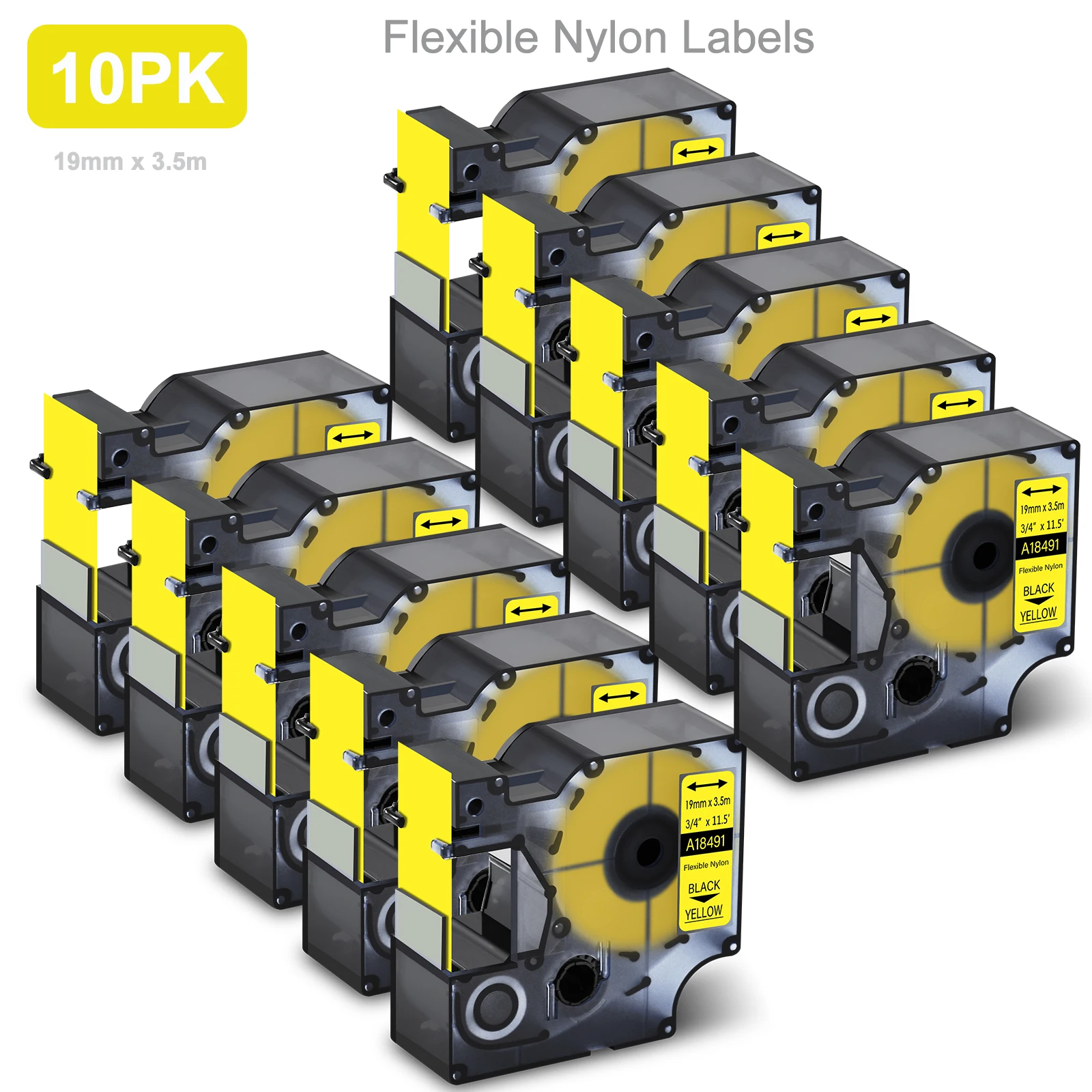 

10PK Flexible Nylon Labels Compatible For Dymo 18491 19mm Labels Ribbon Black on Yellow For Dymo Rhino 5200 3MPL300 Printers