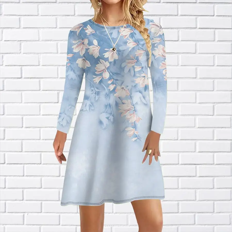 

Женское платье с 3D цветочным принтом, новое осенне-зимнее модное повседневное женское мини-платье с длинными рукавами и круглым вырезом по индивидуальному дизайну