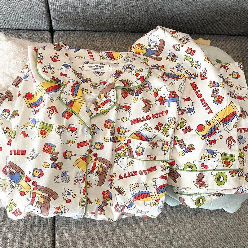 

Пижамный комплект для девочек microvilli hello kitty kawaii, студенческий повседневный комплект с героями мультфильмов, осенне-зимний комплект одежды для отдыха с круглым вырезом, пижамный новый стиль