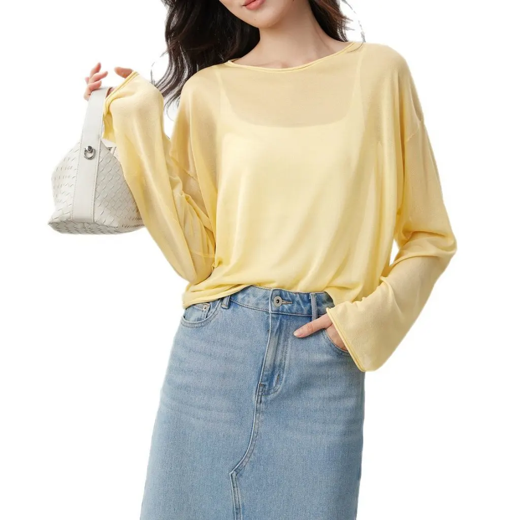 

Summer Cool Triacetate Lyocell Long-Sleeved Blouse 0 Pressure Sunscreen Knitted Top for Women New Style G051511