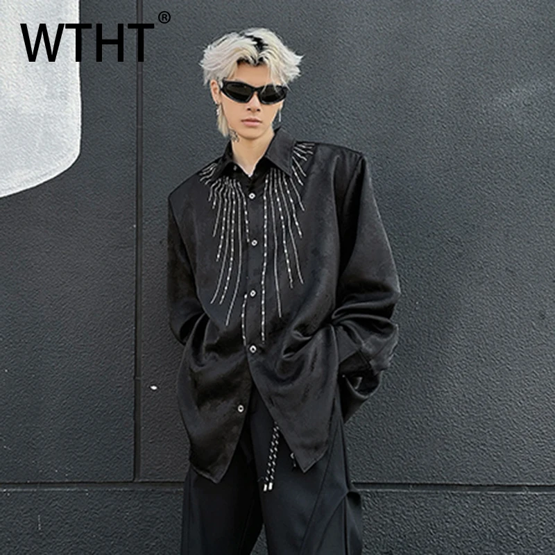 

WTHT Fashion Men's Striped Spliced Diamond Design Shirts Trendy Single-breasted Turn Down Collar Top Male 2025 Autumn 2A1646