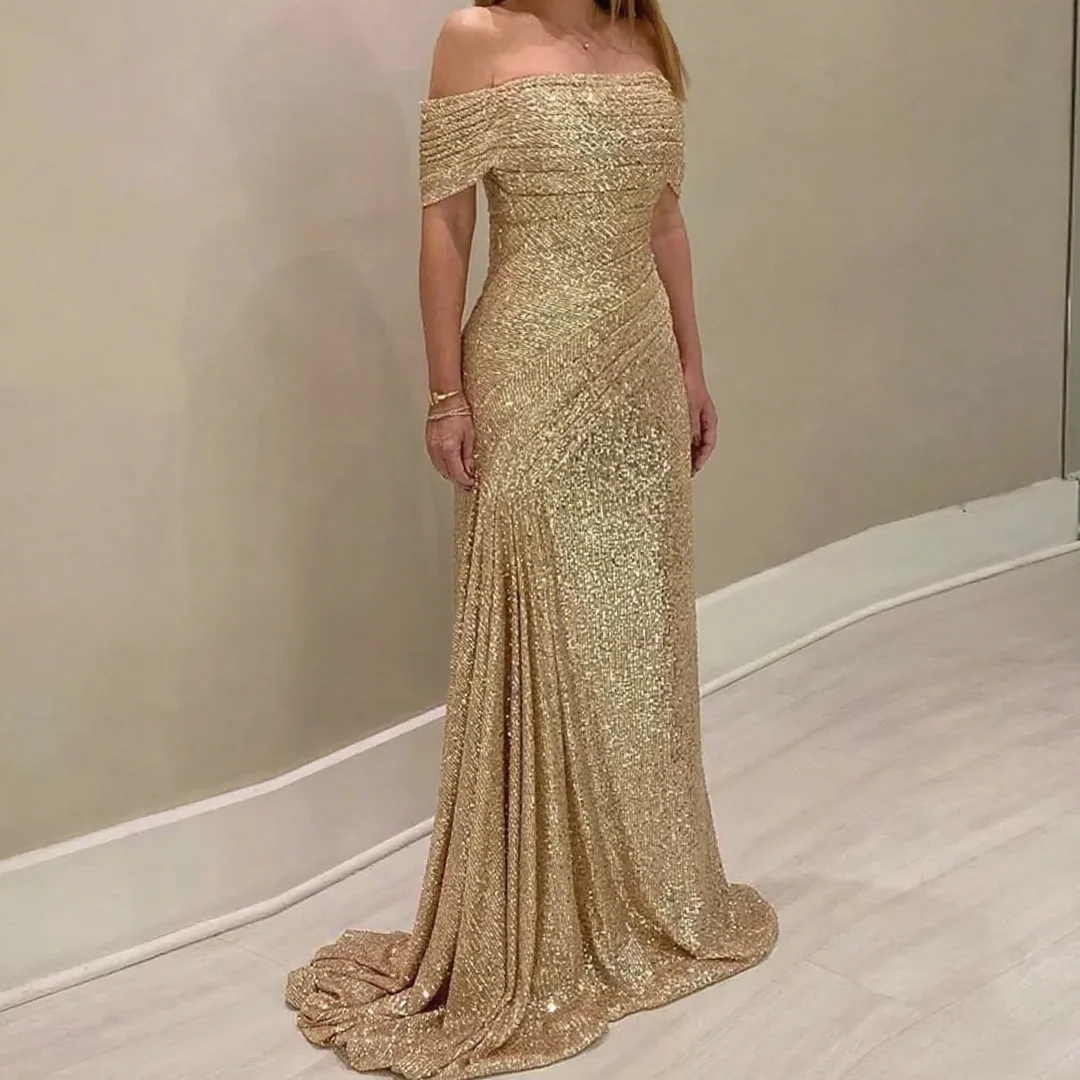 

Boat Neck Mother of Bride Dress 2025 Sequins with Pleats Elegant Off Shoulder Golden Dress Women for Wedding Party Customized