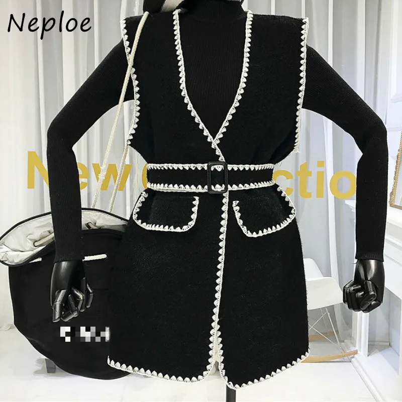 Neploe Elegant Suit Chic Sashes Panelled Patchwork Vest + Solid Color Slim Fit Sweaters Women 2024 Autumn New 2 Piece Set